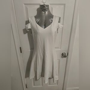 Cream Fit and Flare Mini Dress with Cold Shoulder